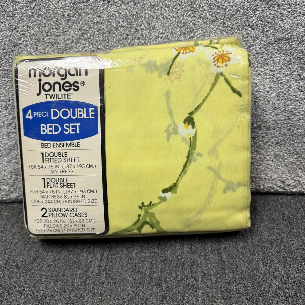 Vintage Morgan Jones Twilite Lovebirds Double Sheet Set Yellow Floral USA 4 Pc